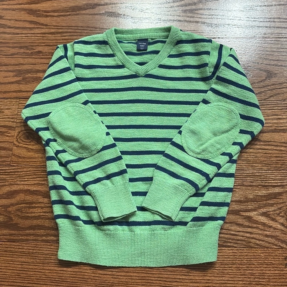 Gap toddler boys V striped cotton sweater same fabric patch elbows green blue 5